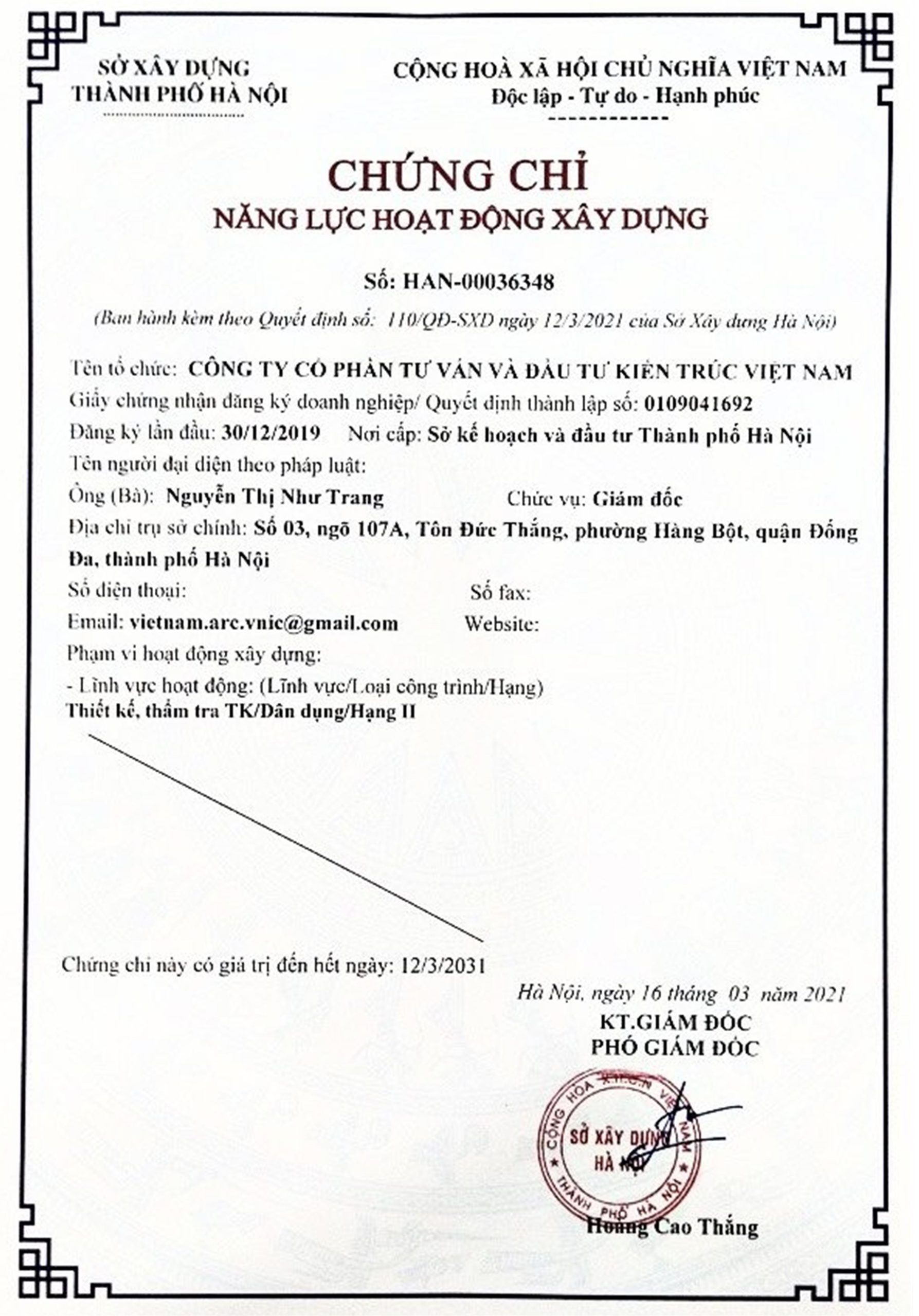 Chứng chỉ năng lực hoạt động xây dựng VNIC