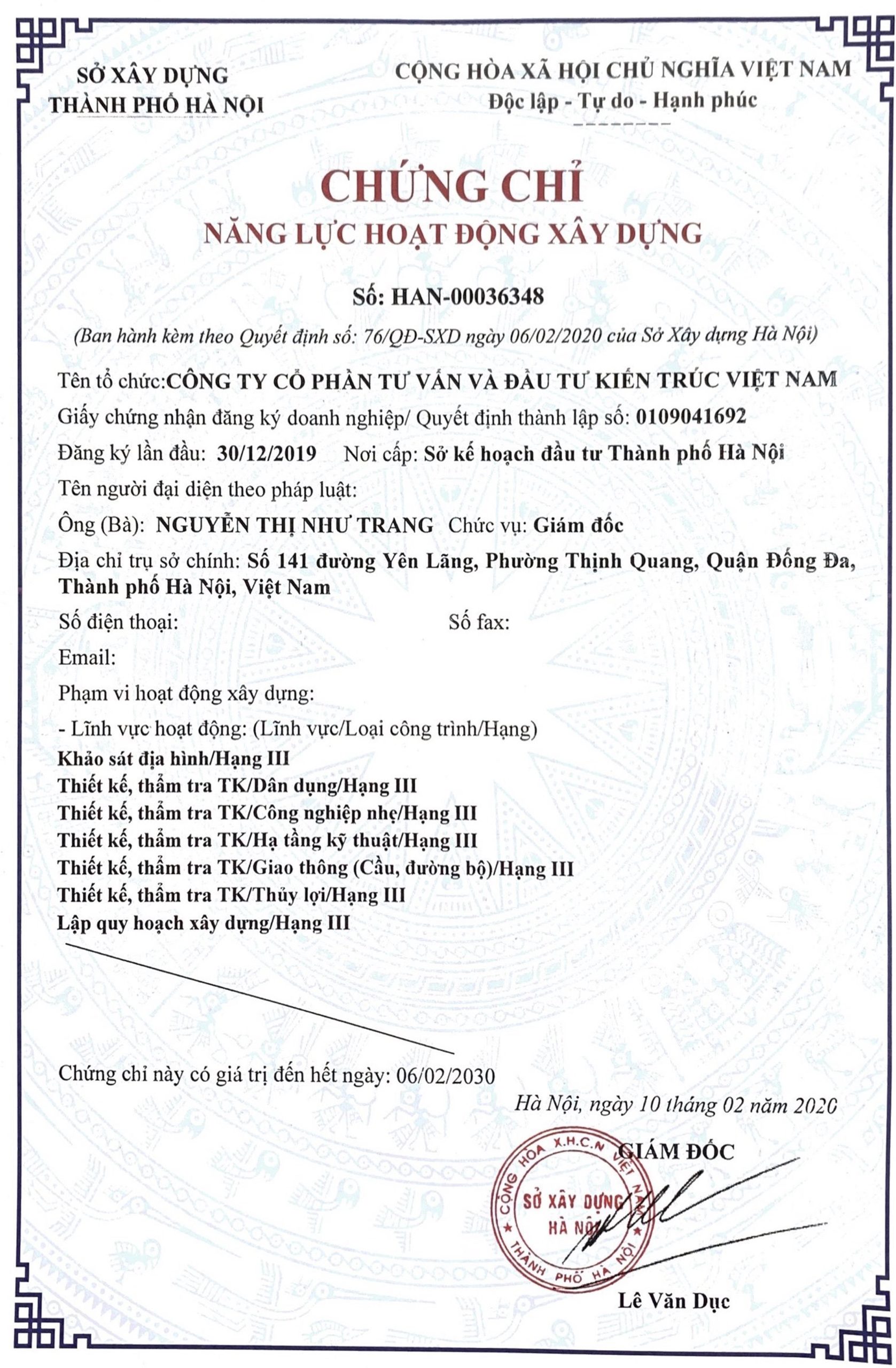 Chứng chỉ năng lực hoạt động xây dựng VNIC